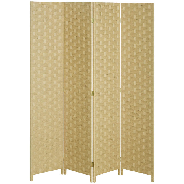 Folding Room Divider, Brown Wood Frame, 4 Panels