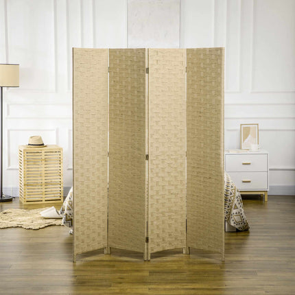 Folding Room Divider, Brown Wood Frame, 4 Panels
