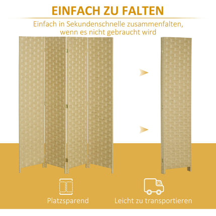 Folding Room Divider, Brown Wood Frame, 4 Panels