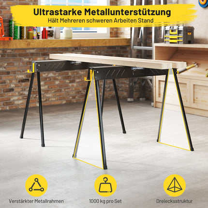 Folding Sawhorse Set, 500KG Capacity, Metal Frame