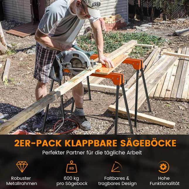 Folding Sawhorse Set, Metal Frame, 600kg Capacity, Orange