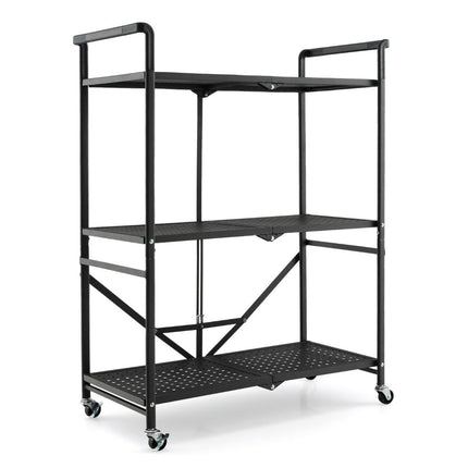 Folding Serving Trolley with 4 Wheels 3 Tier Metal Shelf for Kitchen Office Black