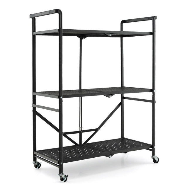 Folding Serving Trolley with 4 Wheels 3 Tier Metal Shelf for Kitchen Office Black
