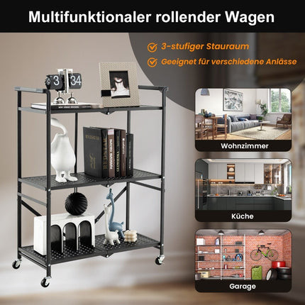 Folding Serving Trolley with 4 Wheels 3 Tier Metal Shelf for Kitchen Office Black