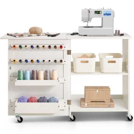 Folding Sewing Table, Rolling Cabinet with Shelves and Trays, White