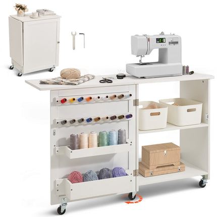 Folding Sewing Table, Rolling Cabinet with Shelves and Trays, White
