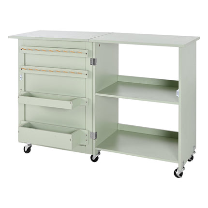 Folding Sewing Table With Wheels, Storage Shelf, Light Green
