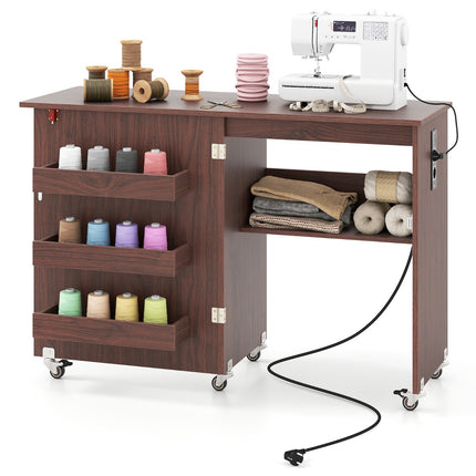 Folding Sewing Table with Charging Station, Storage Cart