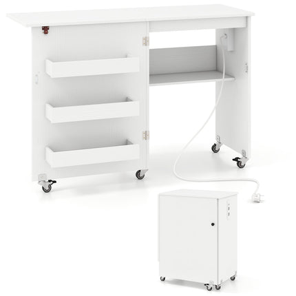 Folding Sewing Table with Charging Station, White, Storage & Wheels