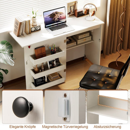 Folding Sewing Table with Charging Station, White, Storage & Wheels