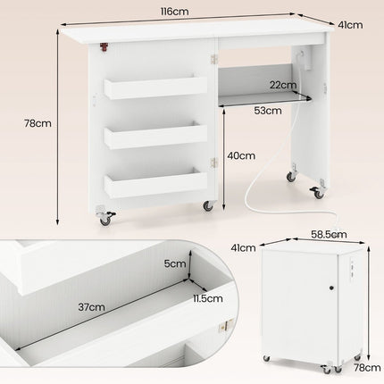 Folding Sewing Table with Charging Station, White, Storage & Wheels