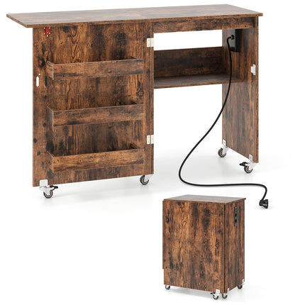Folding Sewing Table with Charging Station and Storage