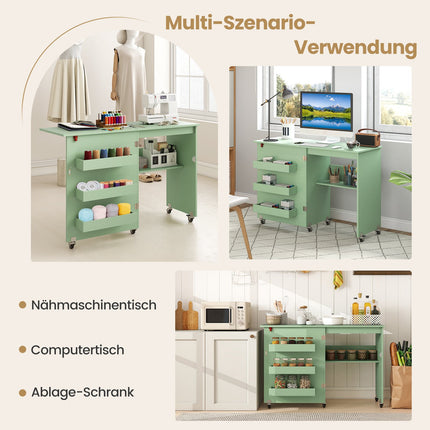Folding Sewing Table with Storage, Green, 118.5 x 40 x 79.5 cm