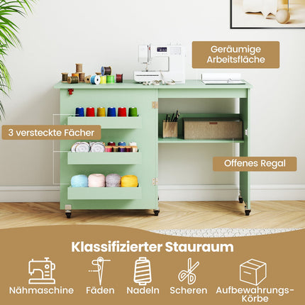 Folding Sewing Table with Storage, Green, 118.5 x 40 x 79.5 cm