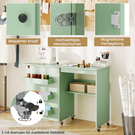 Folding Sewing Table with Storage, Green, 118.5 x 40 x 79.5 cm