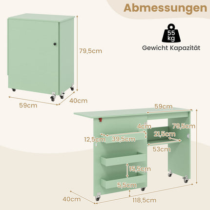 Folding Sewing Table with Storage, Green, 118.5 x 40 x 79.5 cm