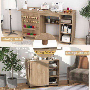 Folding Sewing Table with Storage Shelves, Brown MDF