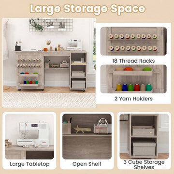 Folding Sewing Table with Storage Shelves and Casters