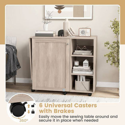Folding Sewing Table with Storage Shelves and Casters