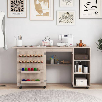 Folding Sewing Table with Storage Shelves and Casters
