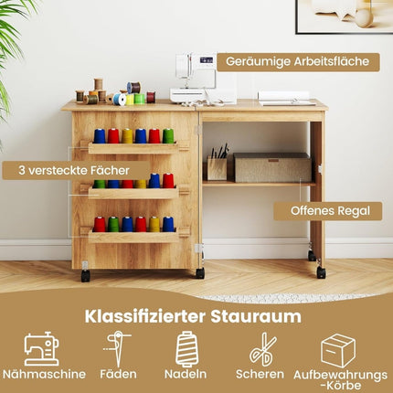 Folding Sewing Table with Storage, Wheels, 118.5 x 40 x 79.5 cm