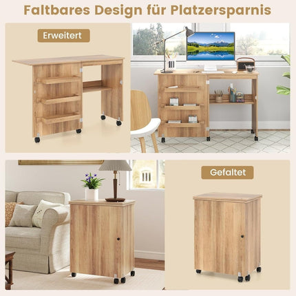 Folding Sewing Table with Storage, Wheels, 118.5 x 40 x 79.5 cm