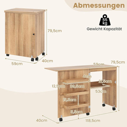 Folding Sewing Table with Storage, Wheels, 118.5 x 40 x 79.5 cm