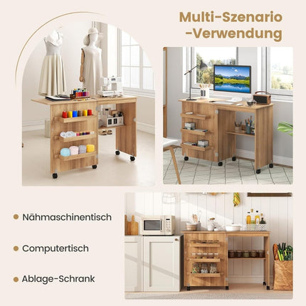 Folding Sewing Table with Storage, Wheels, 118.5 x 40 x 79.5 cm