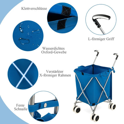 Folding Shopping Cart with Wheels, 90L Capacity, Blue