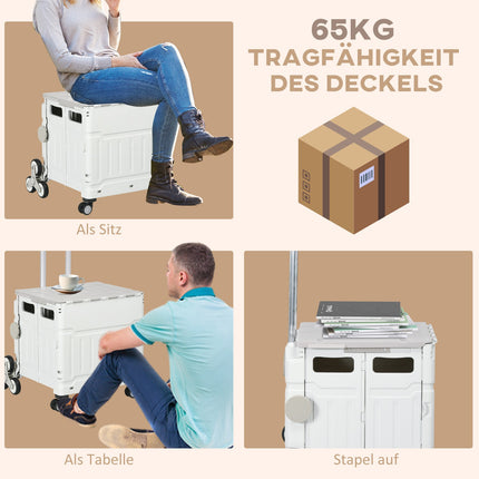 Folding shopping trolley, telescopic handle, stair climbing, 80 kg capacity, white