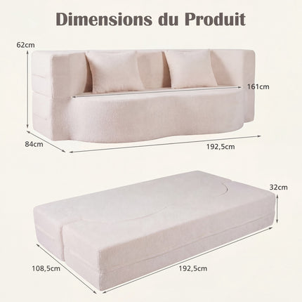 Folding Sofa Bed 192.5 cm, Teddy Fleece, 2 Cushions