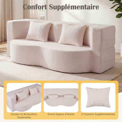 Folding Sofa Bed 192.5 cm, Teddy Fleece, 2 Cushions