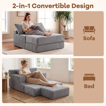 Folding Sofa Bed, Convertible Sleeper Chair, Grey, 2 Pillows