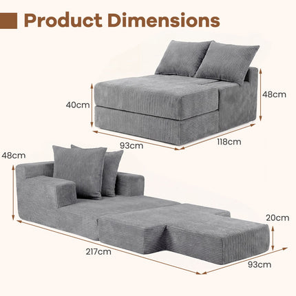 Folding Sofa Bed, Convertible Sleeper Chair, Grey, 2 Pillows