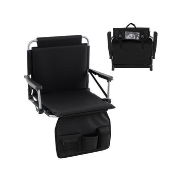 Folding Stadium Seat with Backrest and Armrests, Black, Shoulder Strap