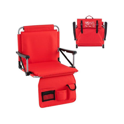 Folding Stadium Seat with Backrest and Armrests, Red, Drink Holder