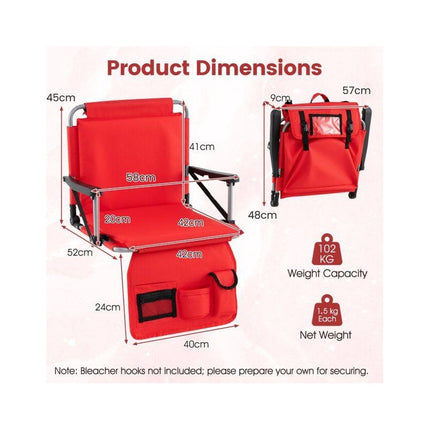 Folding Stadium Seat with Backrest and Armrests, Red, Drink Holder