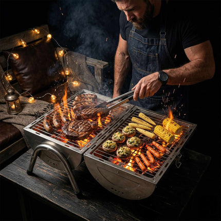 Folding Stainless Steel Tabletop Grill with 2 Grates