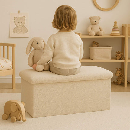 Folding Storage Bench with Teddy Fabric, 2-Seater