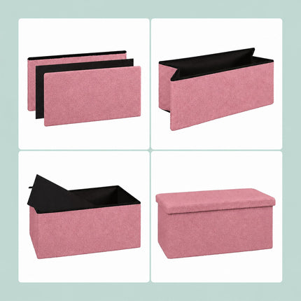 Folding Storage Bench with Teddy Fabric for 2 People, Pink, 80 L