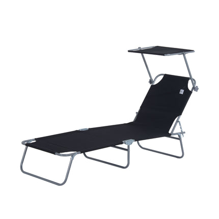 Black folding sun lounger with sun protection, 187x58x36 cm
