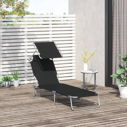 Black folding sun lounger with sun protection, 187x58x36 cm