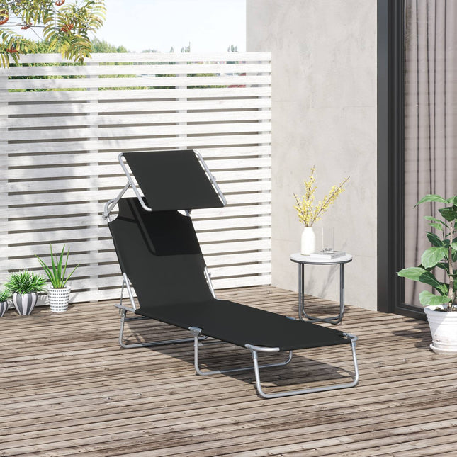 Black folding sun lounger with sun protection, 187x58x36 cm