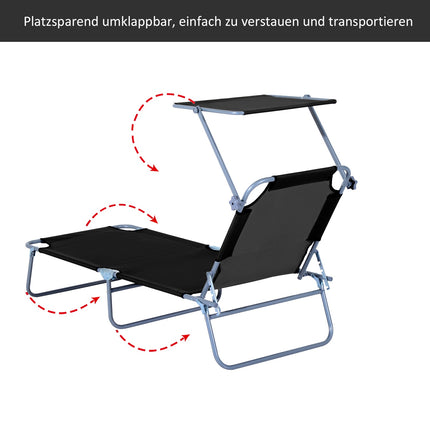 Black folding sun lounger with sun protection, 187x58x36 cm