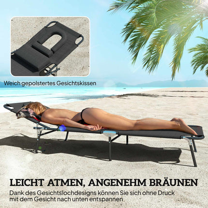 Folding Sun Lounger with Face Hole, Black, Steel Frame