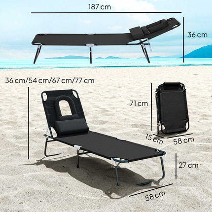 Folding Sun Lounger with Face Hole, Black, Steel Frame