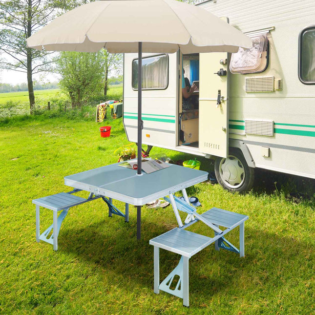 Portable folding aluminum table with seats, Silver, 85x68 Cm