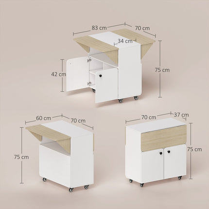 Folding Table with Storage, 2 Drop Leaves, 4 Wheels, White/Natural