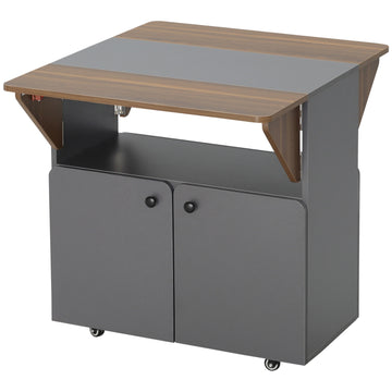 Folding Table with Storage, 4 Wheels, Light Grey/Dark Brown