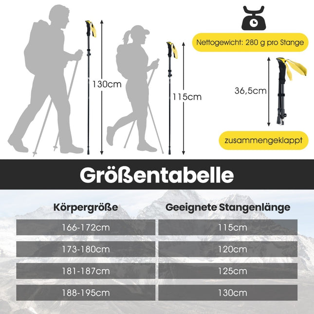 Folding Trekking Poles, Quick Lock, 115-130 cm, Yellow